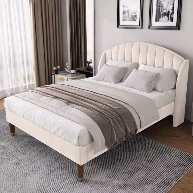 Letto imbottito 140×200 cm in velluto beige con testiera e rete a doghe in legno, per adulti e ragazzi, montaggio semplice, senza materasso