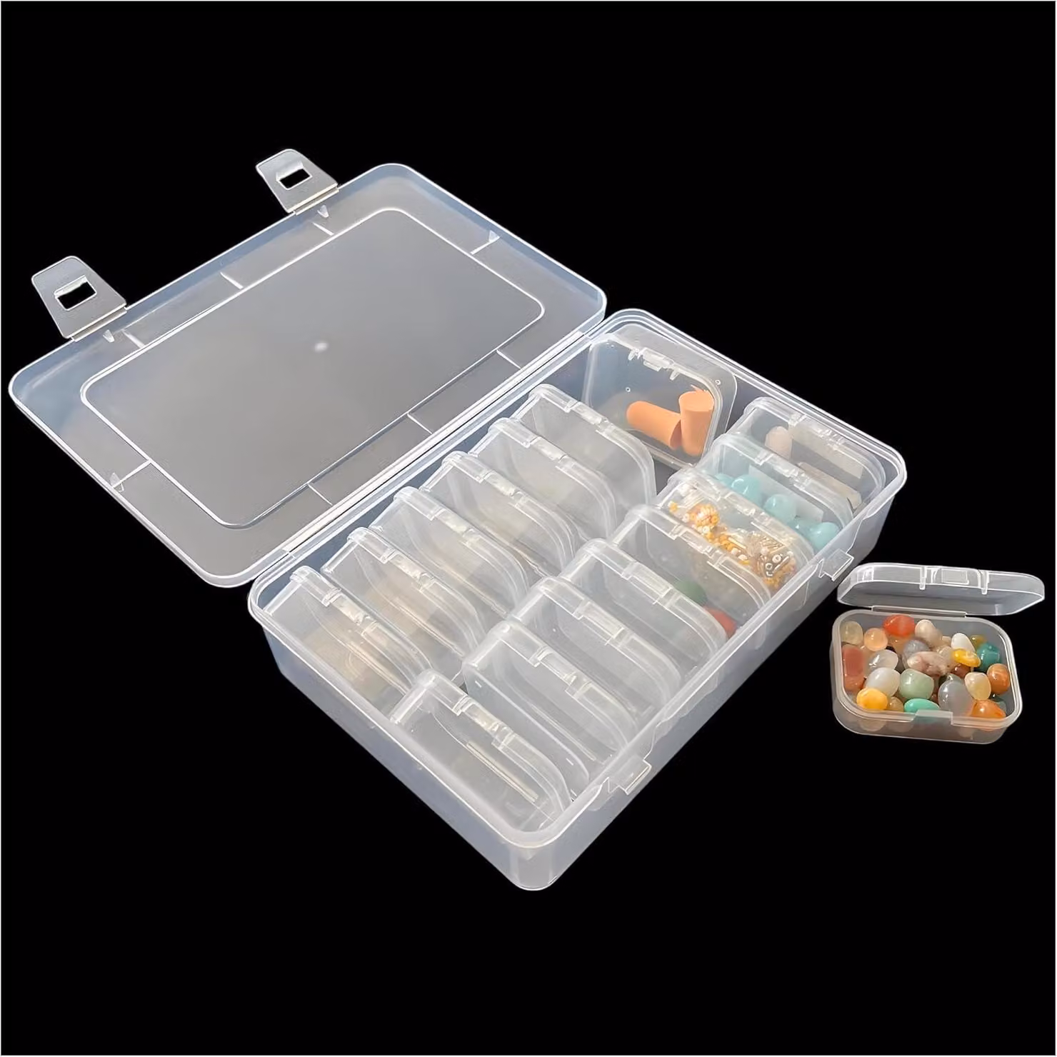 Contenitore di smistamento in plastica, composto da 16 elementi: 1 contenitore grande e 15 piccoli contenitori, ideale per l'organizzazione e la conservazione