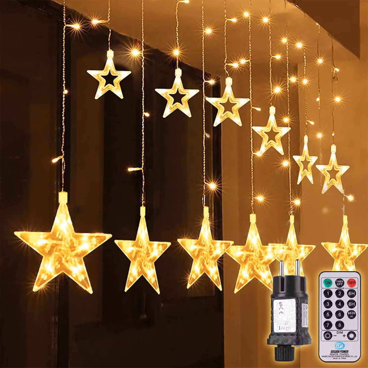 Tenda luminosa a forma di stelle, dimensioni 2x1 metro, 108 LED, luce bianco caldo, 8 modalità, grado di protezione IP44