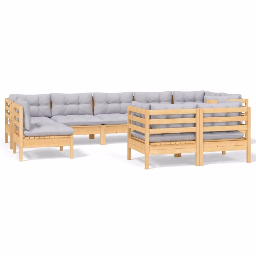 Set Divani da Giardino 9 pz con Cuscini Grigi Massello di Pino