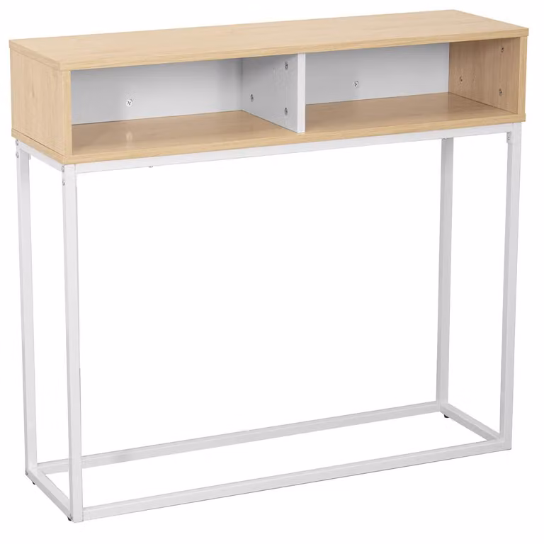 Tavolino d'ingresso in metallo/MDF, dimensioni 100x30x91 cm, altezza delle gambe 70 cm, finitura naturale/bianco
