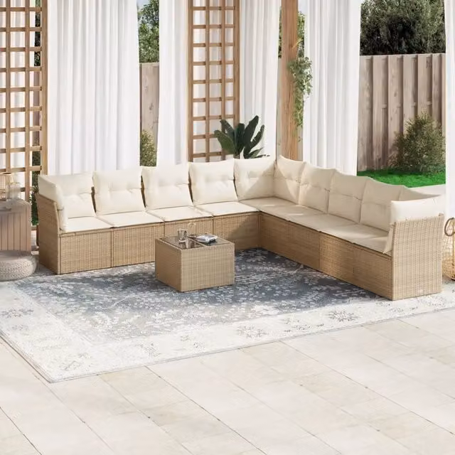 Set Divano da Giardino Moderno VIDAXL in Polyrattan con Cuscini Beige, 10 Pezzi – 1