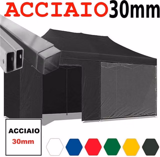 Gazebo 3x6 m nero pieghevole portatile estendibile richiudibile estensibile acciaio con laterali per fiere eventi stand chiosco tenda tendone mercato mercatino