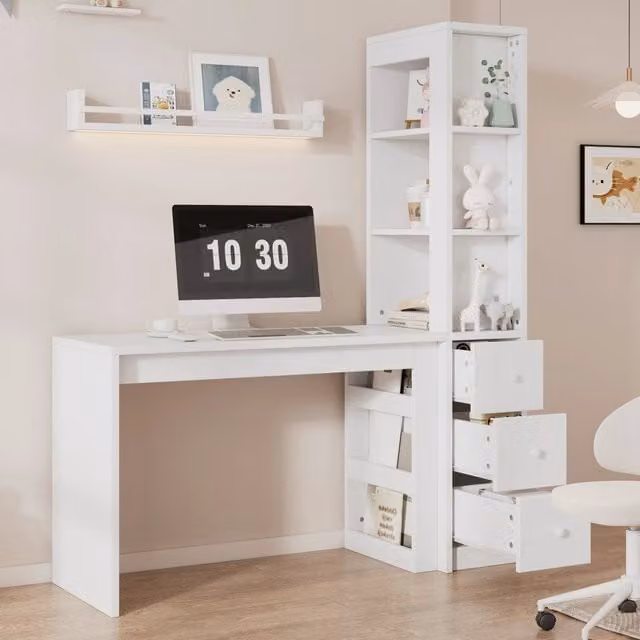 Scrivania con libreria bianca in MDF 150x50x180 cm con cassetti