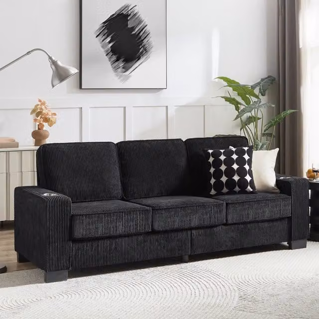 Divano moderno Mivray in velluto a coste nero con portabicchieri integrati e imbottitura mista