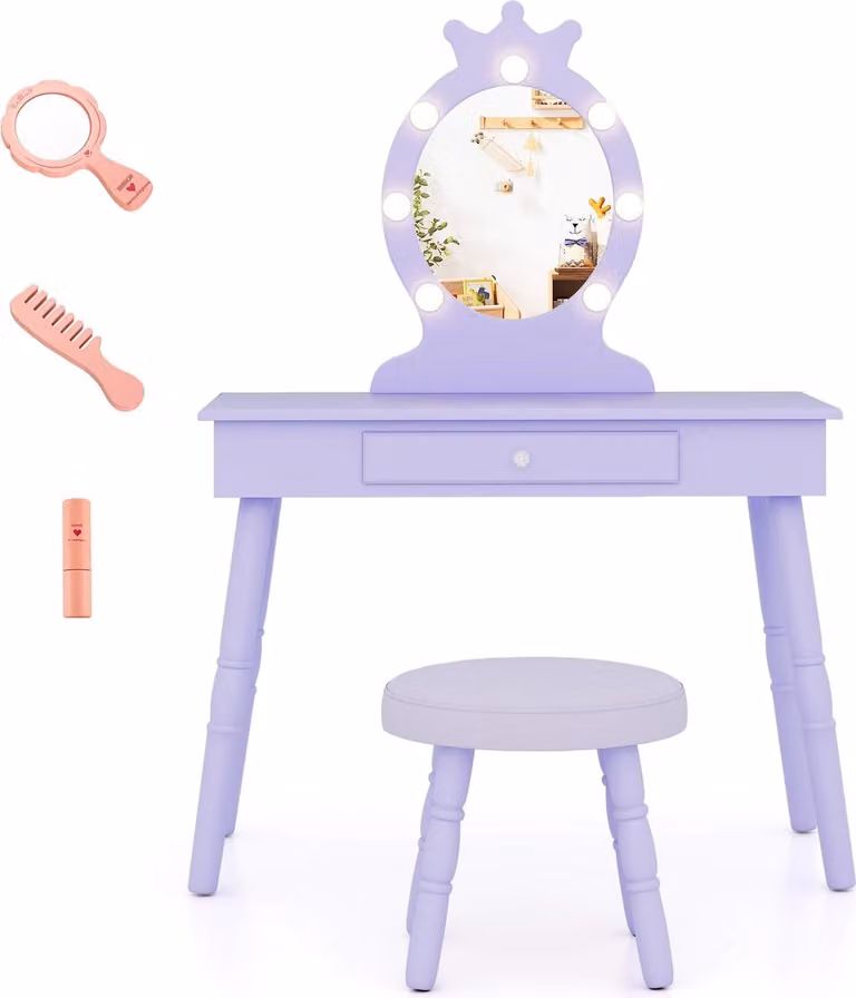 Tavolo da toeletta per bambini con specchio rimovibile e luci a LED