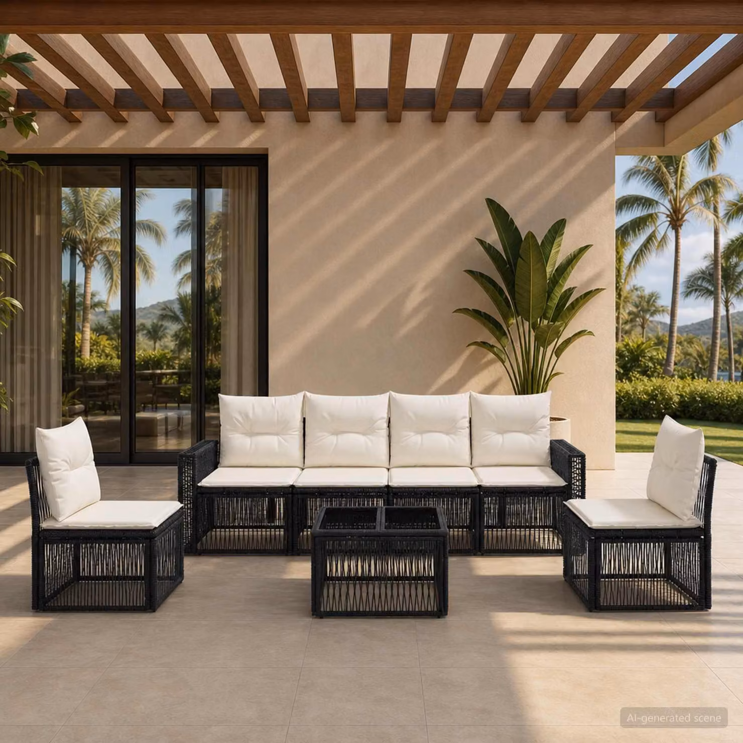 Maison Exclusive - Set da giardino composto da 7 pezzi. Divano da giardino in rattan sintetico, colore nero e crema