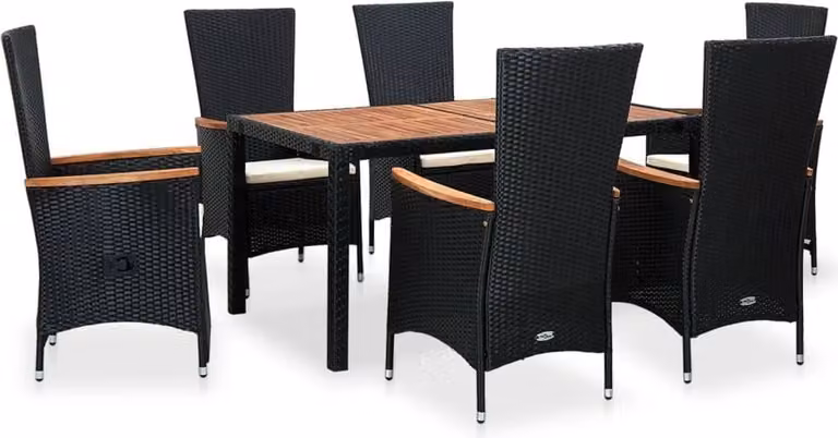 Set da Pranzo da Giardino 7 pz in Polyrattan e Acacia Nero