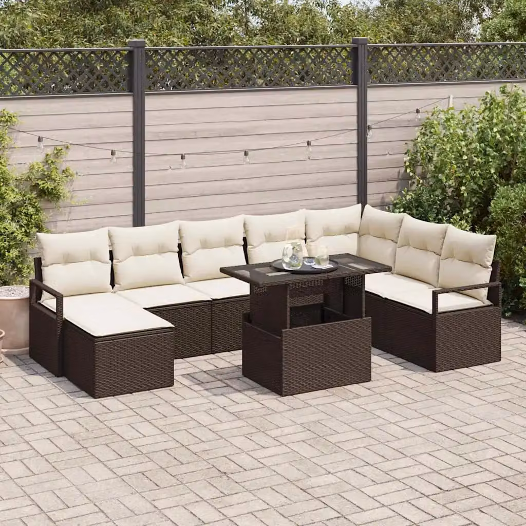 vidaXL Set Divano da Giardino 9 pz in Polyrattan Marrone e Beige con Cuscini e Tavolino – 1