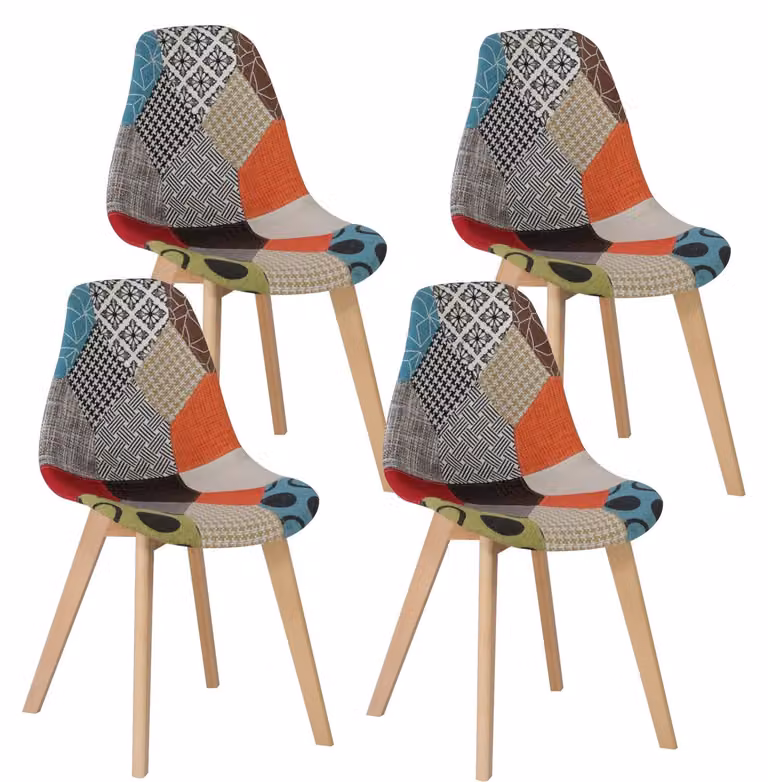 Set di 4 sedie da pranzo - Sedie imbottite in tessuto - Design retrò moderno - Gambe in legno - Motivo patchwork - Colore: rosso e multicolore