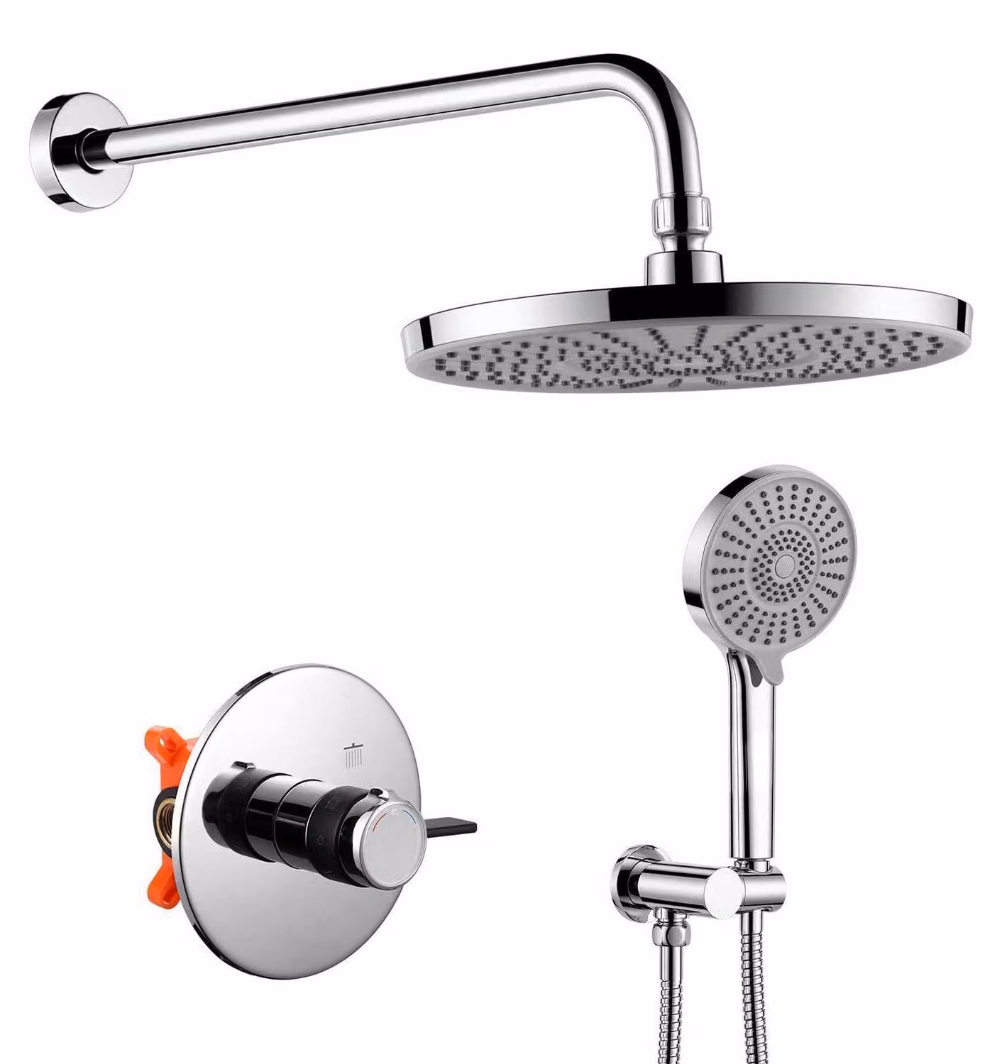 Miscelatore doccia da incasso con termostato, diametro 25 cm, soffione a pioggia, sistema doccia, doccetta manuale, finitura cromata