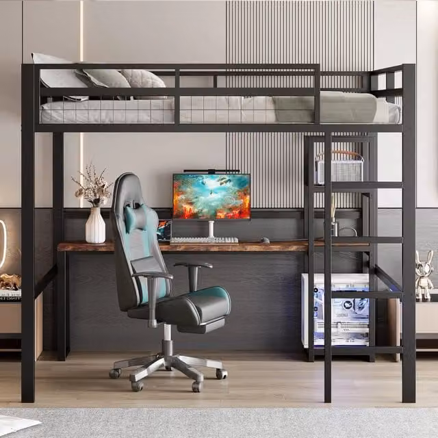 Letto a soppalco 140 x 200 cm con scrivania; mensole; presa e porte USB e Type-C; struttura in metallo nero