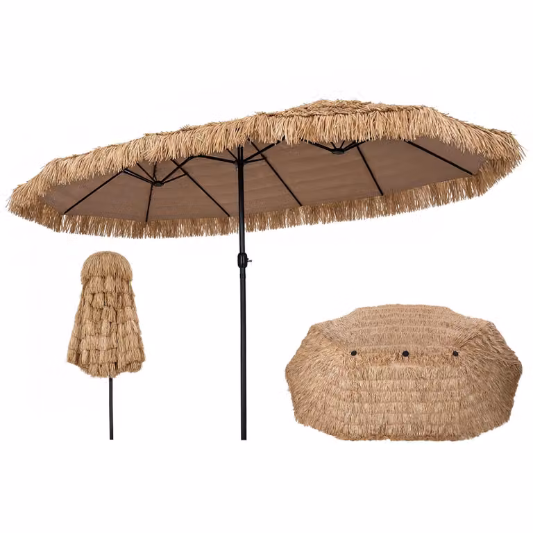 COSTWAY, ombrellone doppio, 450x260 cm, parasole in paglia di PE, stile Hawaii, ombrellone da giardino con manovella, ombrellone grande XXL, ombrellone per terrazza, ombrellone da mercato
