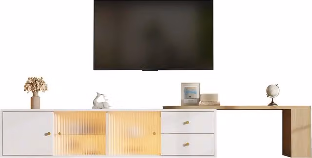 Mobile TV Estensibile 175x40x38 cm Bianco Legno con LED RGB, 2 Cassetti e Ante in Vetro Scorrevoli