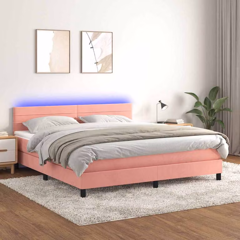 Letto a Molle con Materasso e LED vidaXL in Velluto Rosa, L/P/H: 180 x 200 cm
