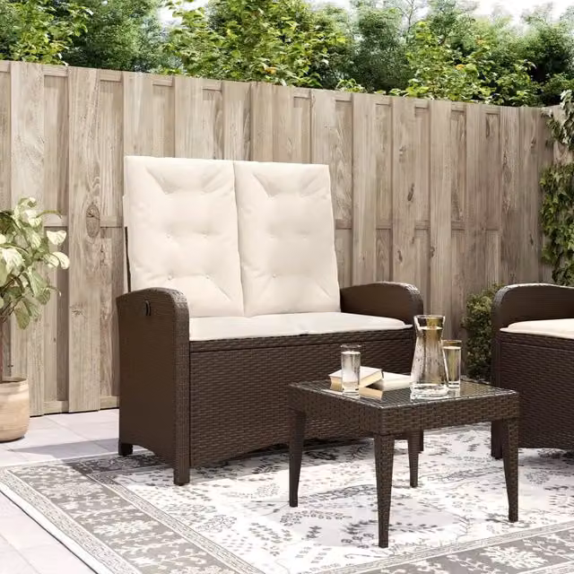 Panca da giardino reclinabile vidaXL in rattan e metallo con cuscini marrone e bianco – 1