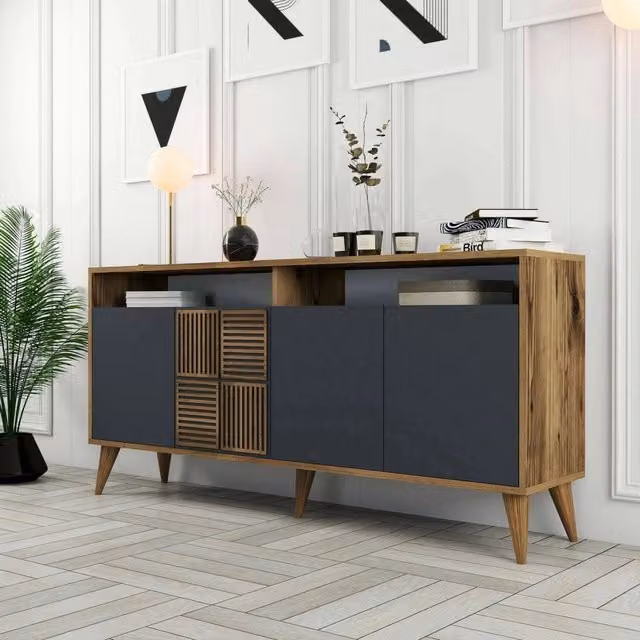 Credenza Garigliano DMORA, Buffet e Madia per Soggiorno o Cucina, Noce e Antracite, L: 160 cm, P: 35 cm, H: 79 cm