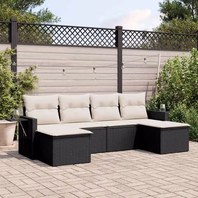 vidaXL Set Divano da Giardino a L in Polyrattan Nero con 6 Cuscini Imbottiti e Tavolino