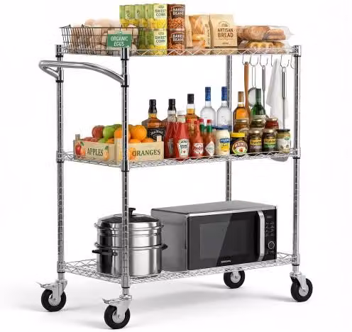 VEVOR Carrello da Servizio in Metallo Argentato con 3 Ripiani in Filo Metallico, Carrellino con Altezza Regolabile e Ruote, Capacità di Carico 300 kg per Cucina e Garage