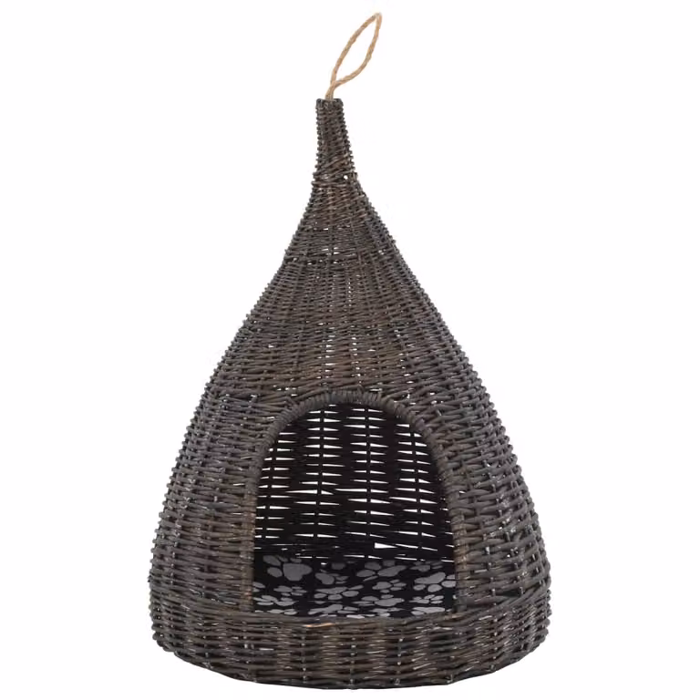 The Living Store Casa per gatti con cuscino grigio 40x60 cm Tipi di vimini naturali