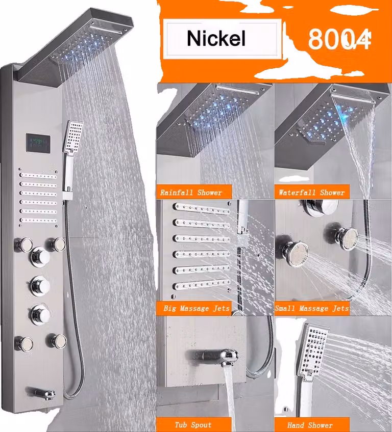 Pannello doccia a LED, soffione in ottone resistente, regolabile in altezza, nichel 8004