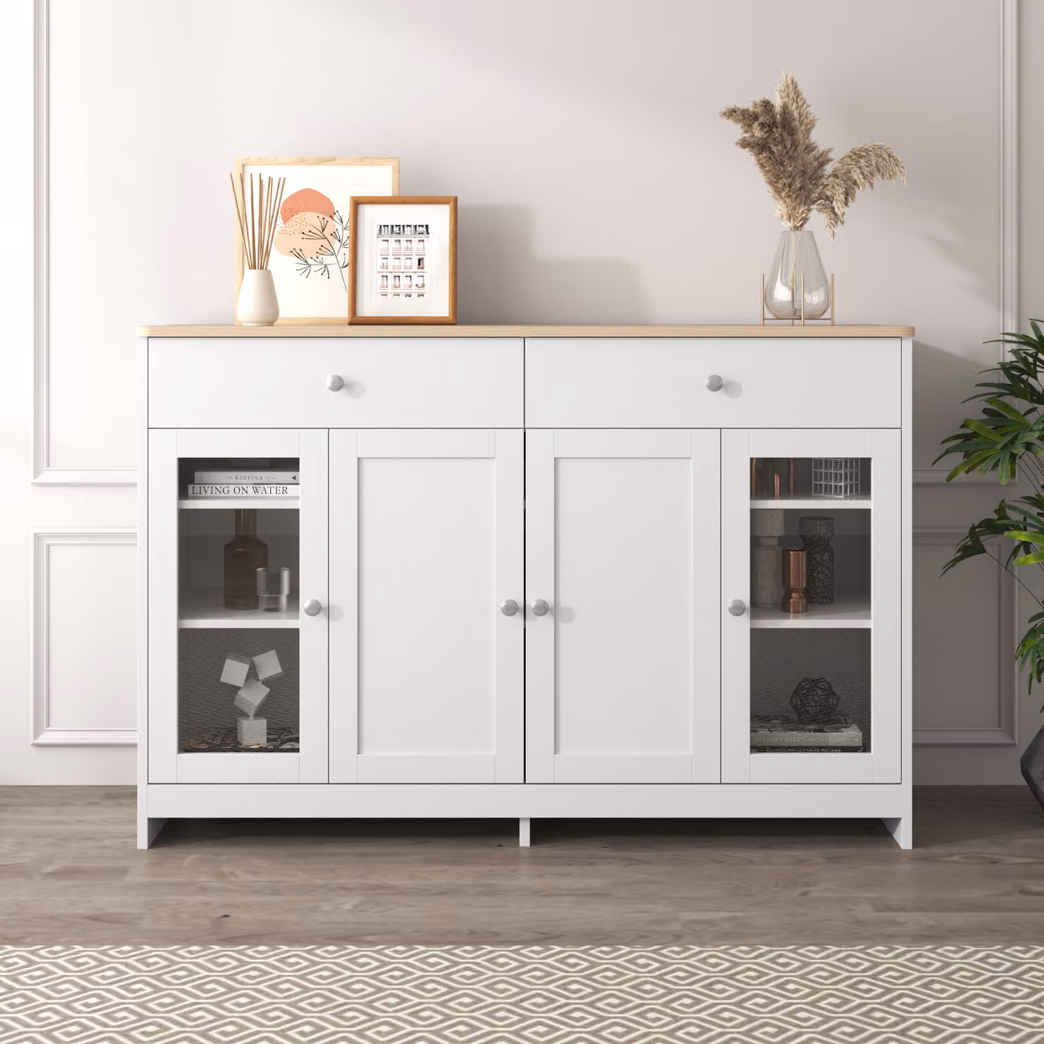 Credenza MODFU con ante e cassetti in vetro temperato, in stile rustico, bianca
