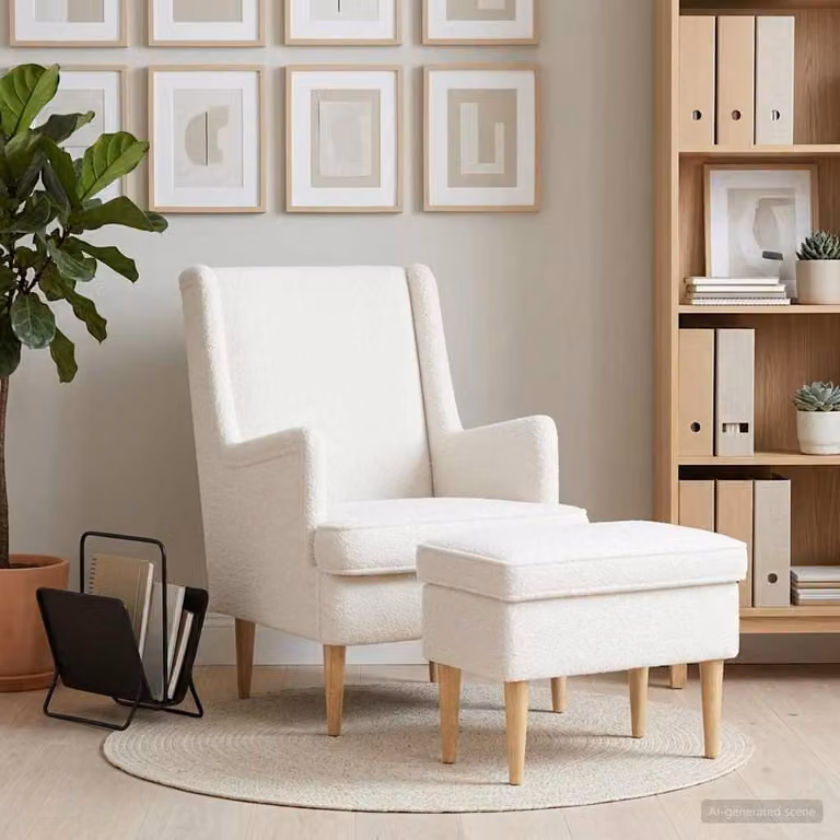 Set di Poltrona con Ottomano vidaXL in tessuto Bouclé, Colore Beige e Bianco