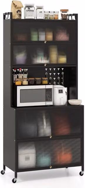 Armadio cucina 6 livelli buffet credenza, Porte ribalta supporto microonde pannello forato ganci Nero-Credenze buffet