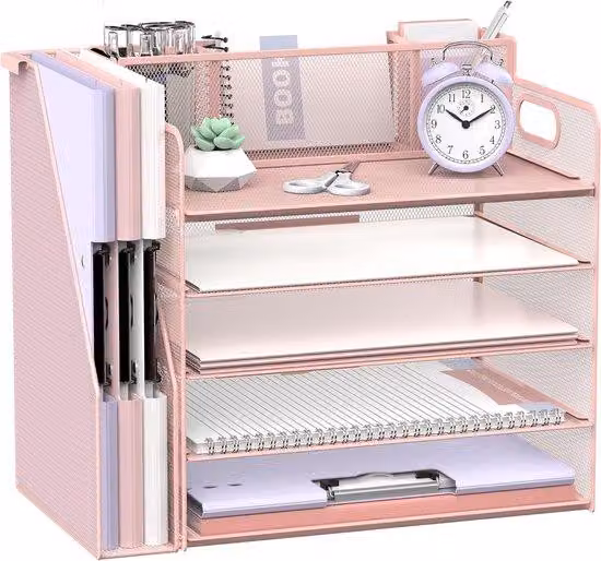 Organizer da scrivania a 5 scomparti, rosa, con portapenne e cassetta per la posta