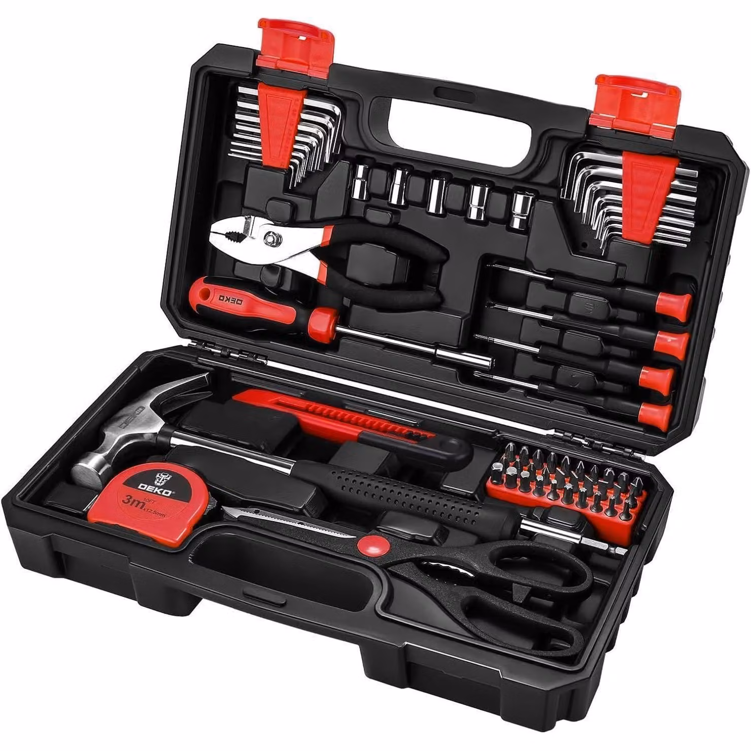 Kit di attrezzi da lavoro per la casa, 62 pezzi, in plastica, colore rosso, dimensioni 33x18x8 cm