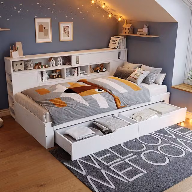 Letto contenitore-Xylo-140x200 cm-multifunzione, cassetti, scaffali, bianco
