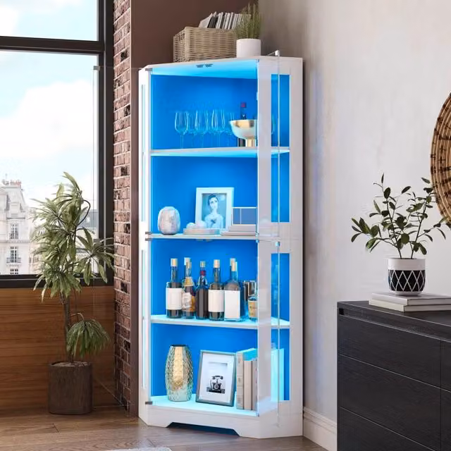 Vetrina alta WISHDOR in MDF e vetro bianco lucido con illuminazione integrata, L/P/H: 40 x 40 x 165 cm