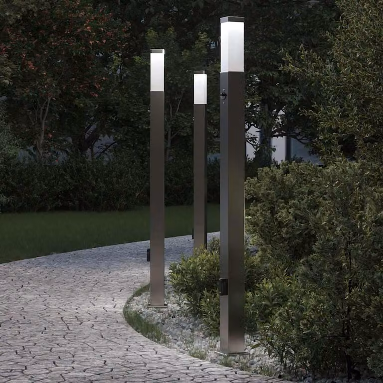 Set di 3 lampioni a dissuasore vidaXL in acciaio inox color argento con sensore di movimento e presa IP44, Altezza: 110 cm