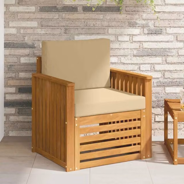 Divano da esterno moderno in legno di acacia massello e poliestere con cuscini beige per giardino e terrazzo