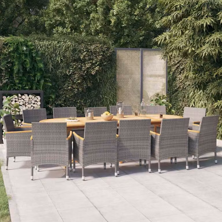 Set da pranzo per giardino vidaXL in legno di acacia con 13 pezzi e cuscini grigi