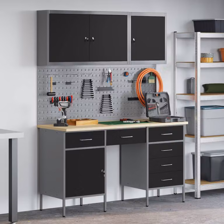 Carrello da lavoro mobile vidaXL 8 pezzi in legno ingegnerizzato e acciaio, colore nero con chiusura a serratura
