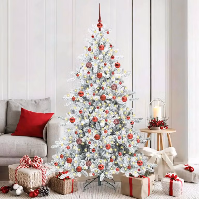 Albero di Natale Artificiale Moderno vidaXL Bianco con Luci LED Warm White e Rami Pieghevoli in PVC e Metallo
