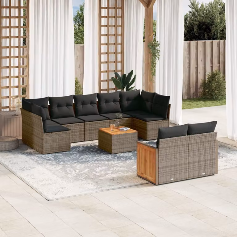 vidaXL Set Divano da Giardino 10 pz in Polyrattan Grigio con Cuscini e Tavolino da Esterno