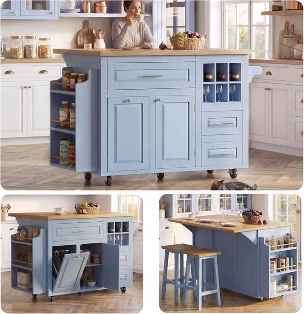 Carrello da cucina ergonomico con cassetti; portabottiglie estraibile e vano pattumiera; blu; altezza 91;5 cm