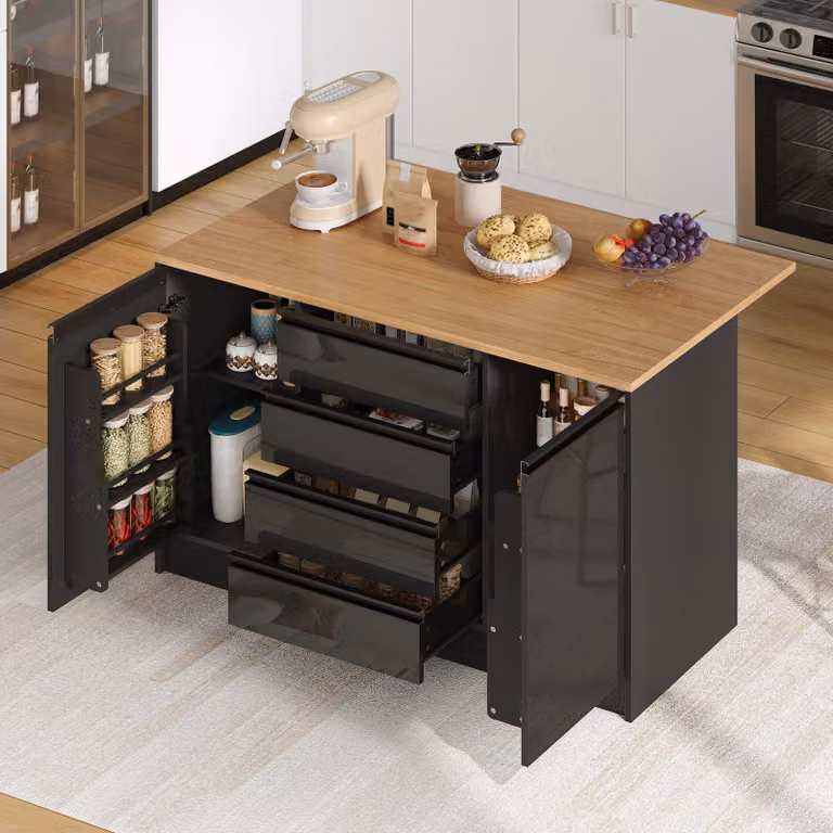 MODFU Isola da cucina nera, tavolo da cucina da 140 cm con piano di lavoro, mobile da cucina con 4 cassetti, 2 armadietti e ante, effetto legno