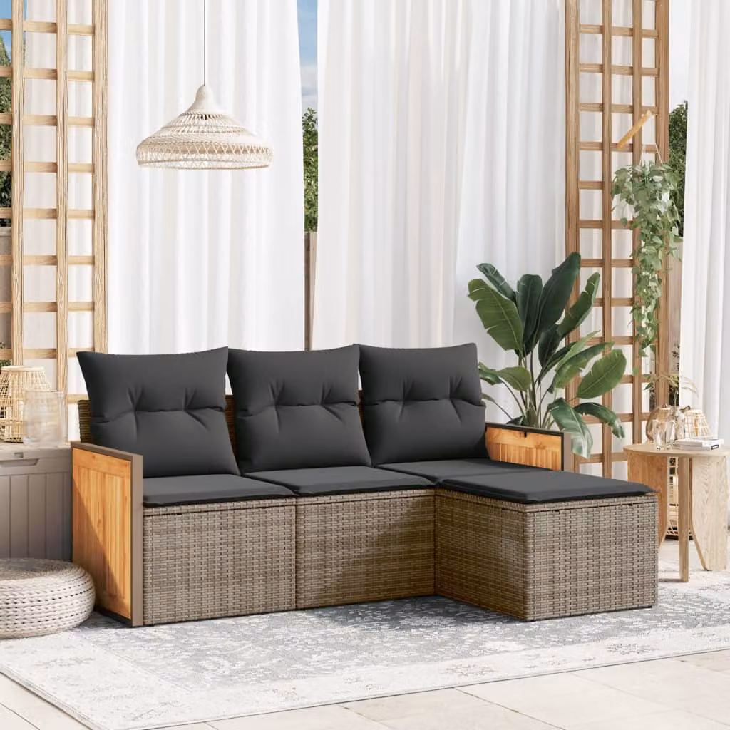 vidaXL Set Divani da Giardino a L 4 pz in Polyrattan e Legno di Acacia Grigio con Cuscini – 1