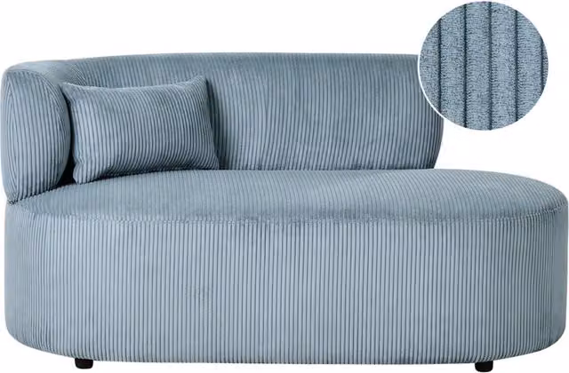 Chaise longue con rivestimento in velluto a coste blu e cuscino decorativo lato sinistro