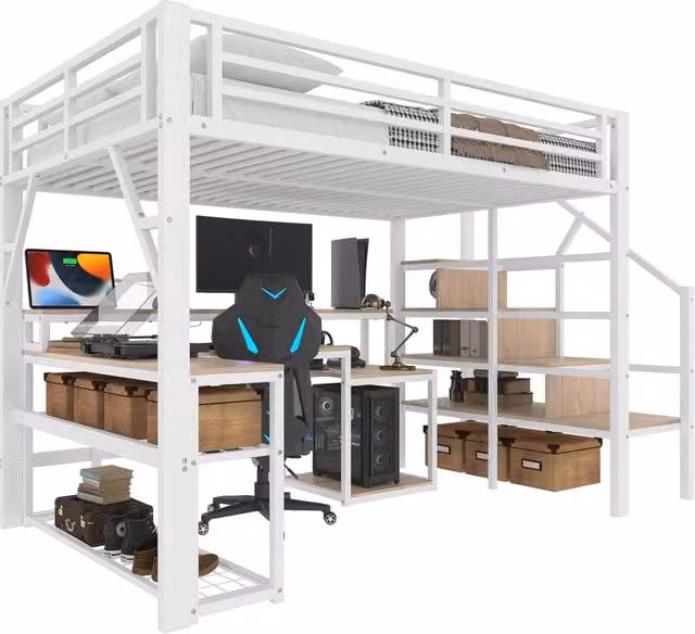 Letto a castello REDOM moderno bianco con scala a gradini, illuminazione LED, porta USB e scomparti laterali, L/P: 140 x 200 cm – 1