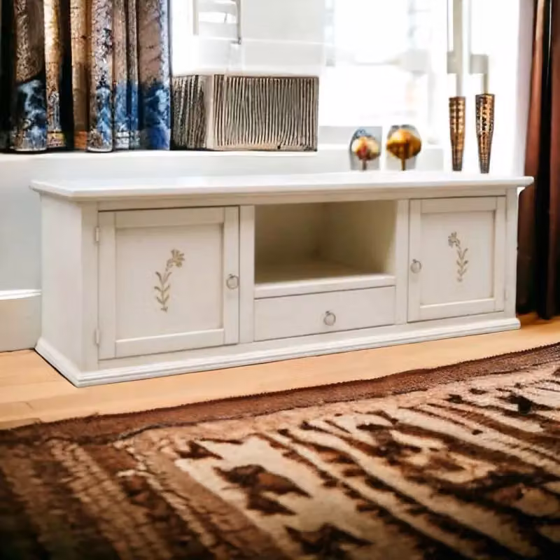 Porta TV Mobili 2G in stile shabby chic con decori floreali, 2 ante e 1 cassetto, colore beige e bianco, L: 160 cm, P: 46 cm, H: 56 cm – 2