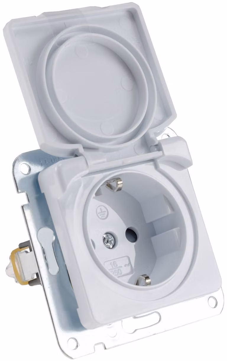 Presa DELPHI con contatto di terra IP40 250V~/ 16A, con coperchio, da incasso, bianco