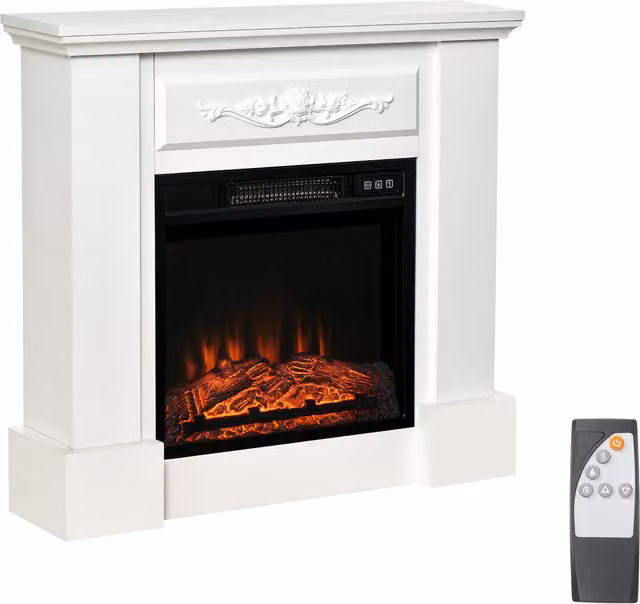 Camino Elettrico da Terra HOMCOM da 1800W con Effetto Fiamma, Telecomando, Timer e Temperatura Regolabile, Bianco