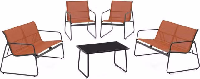 Set di mobili da giardino IDMarket MALAGA per 6 persone con 2 divani, poltrone e tavolo in colore terracotta e arancione con struttura in acciaio verniciato a polvere e sedute in textilene