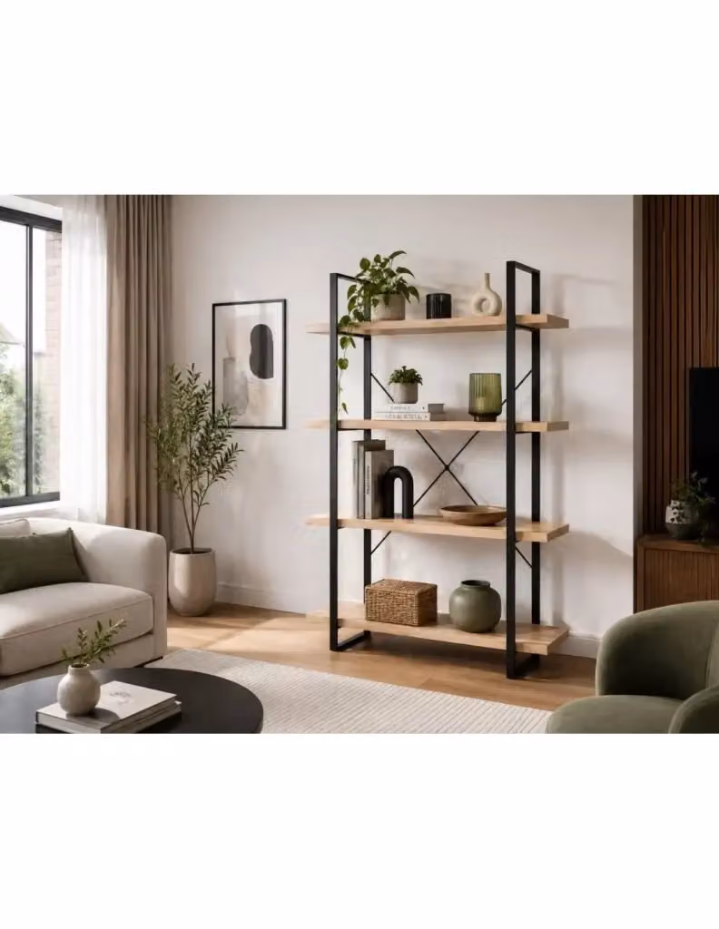 Scaffalatura industriale Meublorama in legno e metallo con 4 livelli, design loft, colore marrone e nero, L: 100 cm, H: 141,5 cm, P: 33 cm – 2