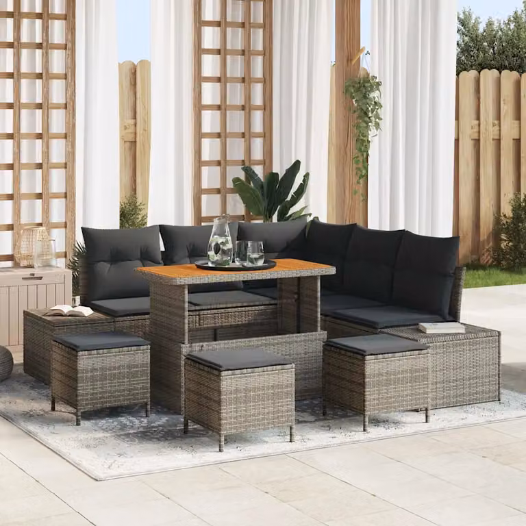 vidaXL Set Divano da Giardino 9 pz in Poly Rattan Grigio con Cuscini e Tavolino