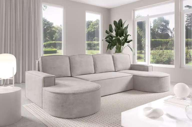 Divano ad angolo Sofello in stile moderno, forme arrotondate. Modello MOLLYU dalle forme arrotondate nei colori crema, beige, grigio, grigio chiaro, ruggine e verde, in velluto: un design di tendenza dalle forme arrotondate! Novità 2025 (con funzione lett